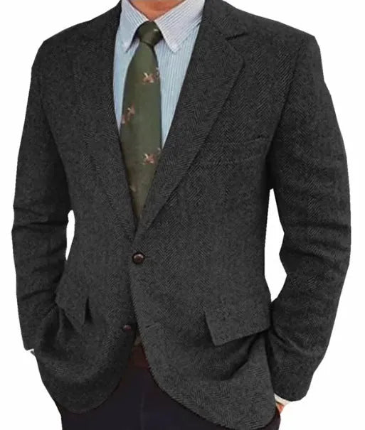 Men's brown herringbone pattern suit jacket with notch lapels and flax lining.