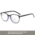 Ultra-light women's multi-focus reading glasses with magnetic clip-on sunglasses in black and blue frame.