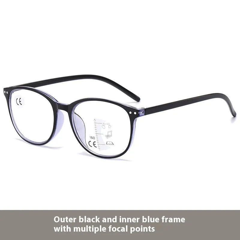 Ultra-light women's multi-focus reading glasses with magnetic clip-on sunglasses in black and blue frame.