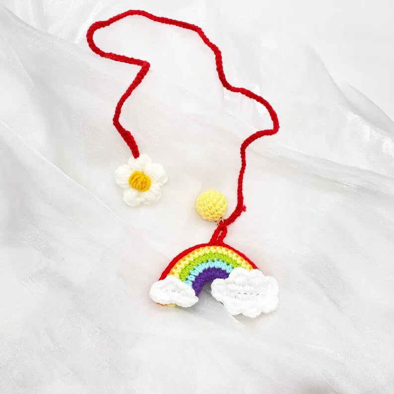 Handmade crocheted car pendant in avocado green, pink rainbow pattern or red rainbow colours