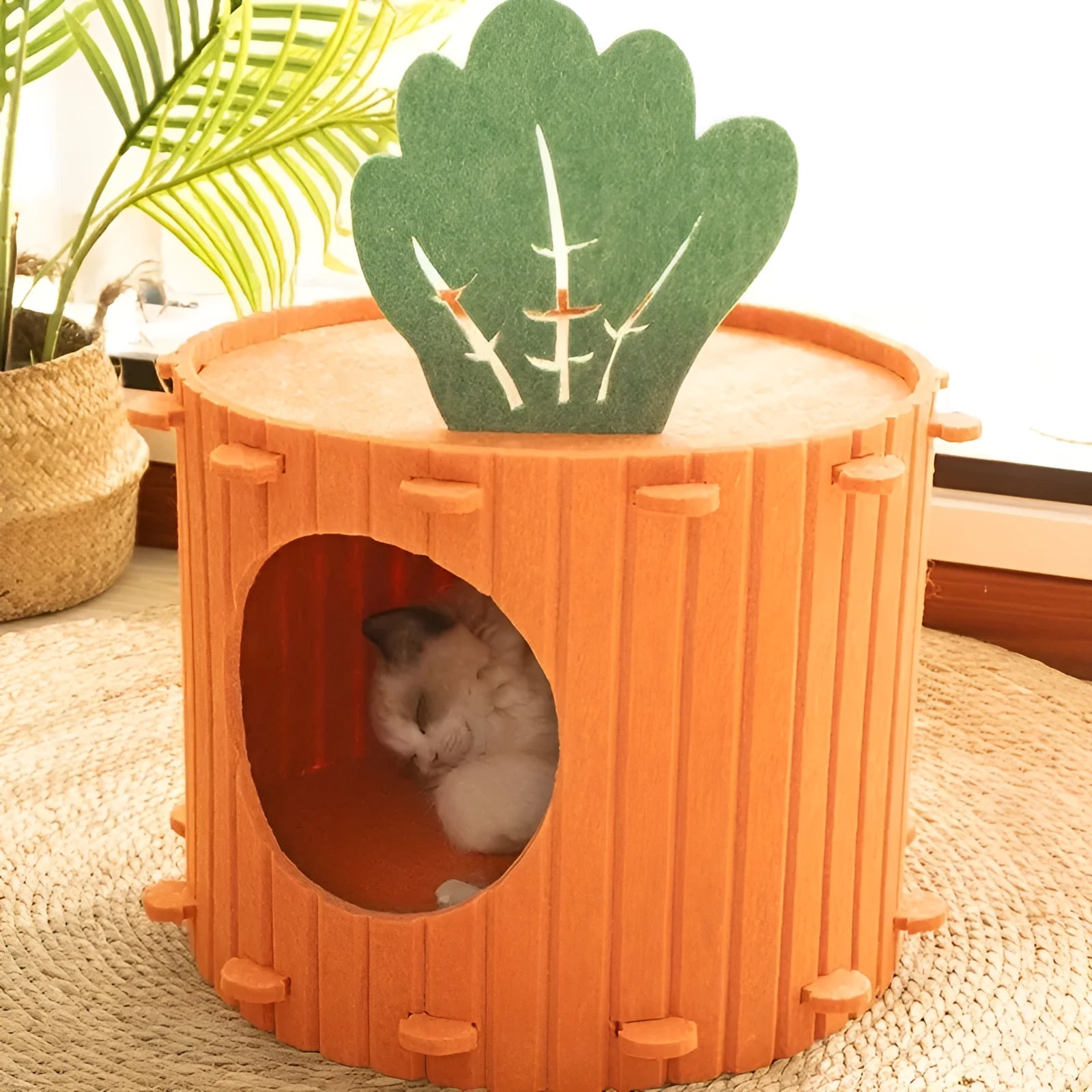 Grey felt cat tunnel with a semi-enclosed drilled design, shown in medium and large size options.