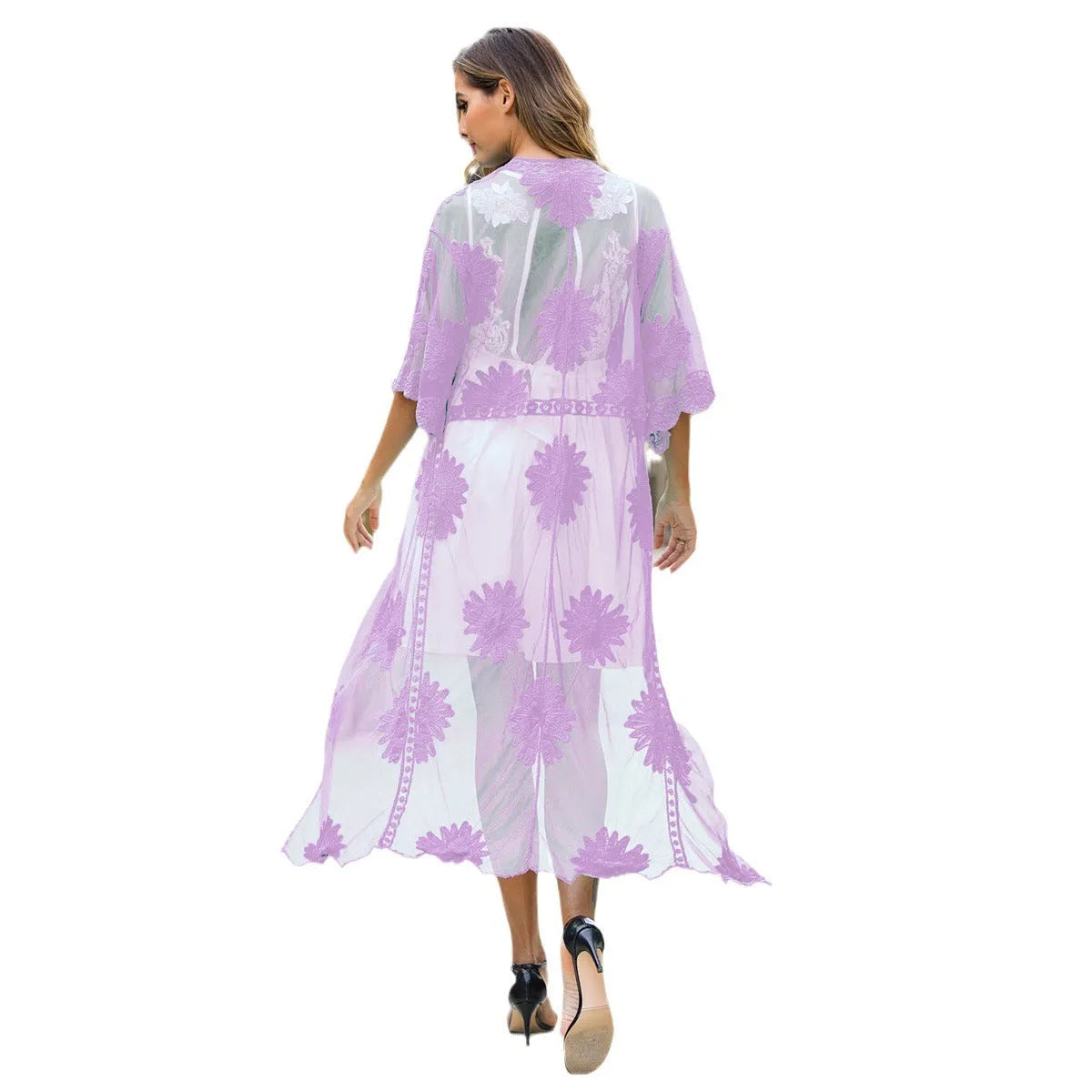 Light purple beach dress cardigan with lace embroidery for swimming cover-up