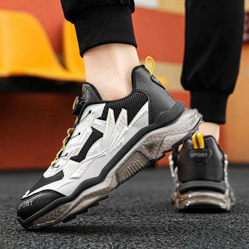 Men's black rotating button dad shoes with mesh upper and platform sole