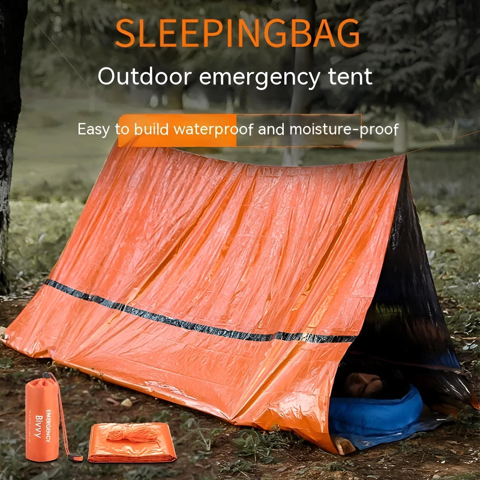 Emergency disaster relief tent kit with orange sleeping bag and whistle survival gear