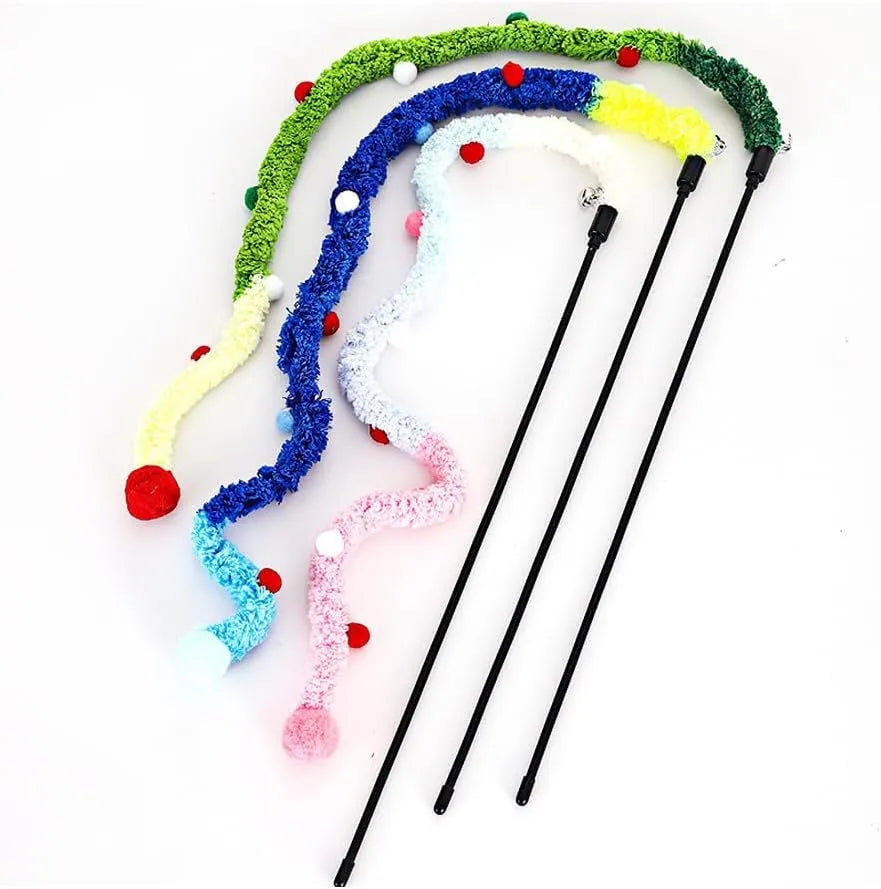 Blue cat teaser wand with plush strip, colourful ball, and bell on 41cm pole