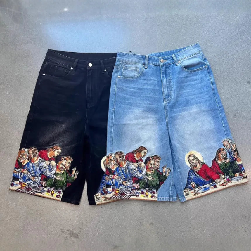 Blue men's cotton tapered shorts showing a Jesus print on the back right pocket.