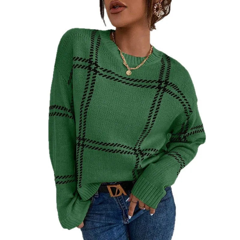 Women's plaid colour-block acrylic sweater with crew neck and regular sleeves in medium thickness