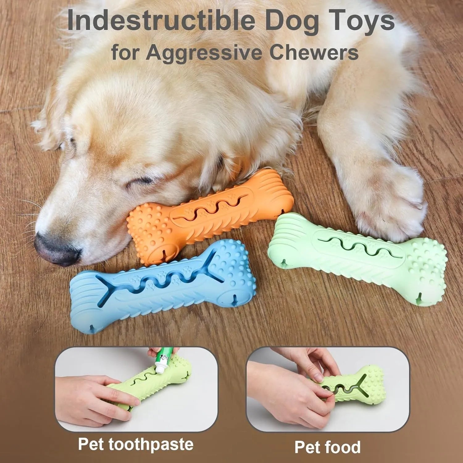 Natural rubber bone-shaped dog chew toy for aggressive chewers in blue, green and orange colours