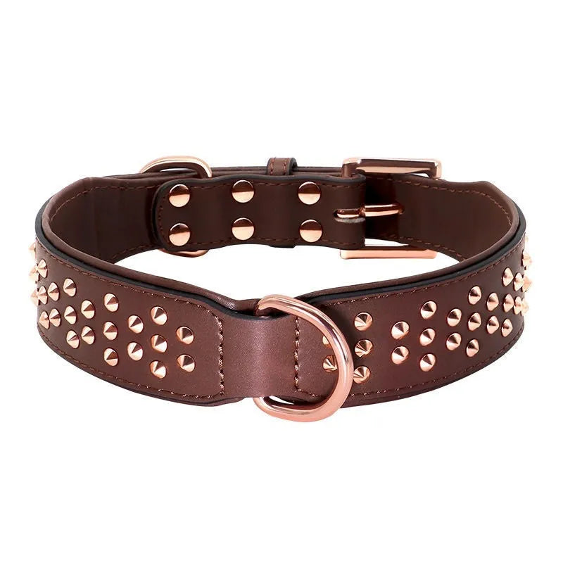 Black leather dog collar with metal anti-bite rivets shown on a size L tag.