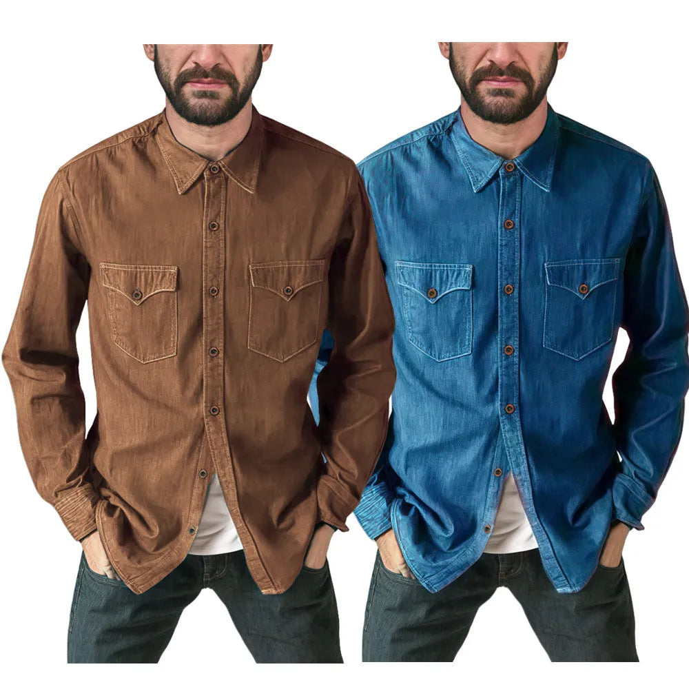 Men's regular fit cotton denim cardigan coat on a hanger.