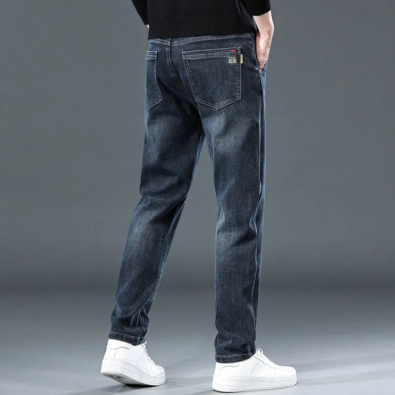 Men's slim straight casual trousers in blue grey or black with micro-elastic waistband and zip fly