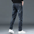 Men's slim straight casual trousers in blue grey or black with micro-elastic waistband and zip fly