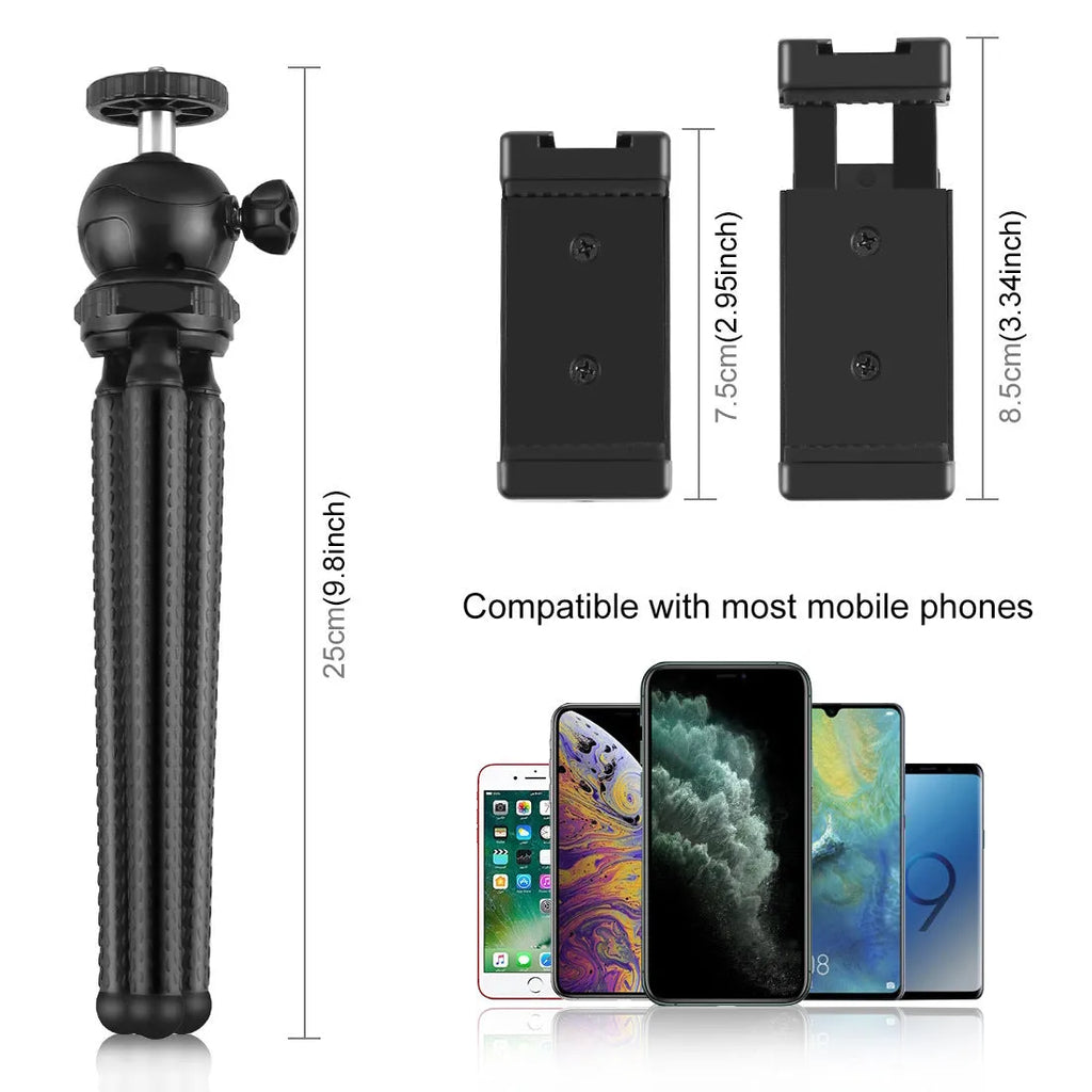 Black Octopus Yripod live broadcast kit with flexible legs, fill light, and microphone attached to a smartphone.