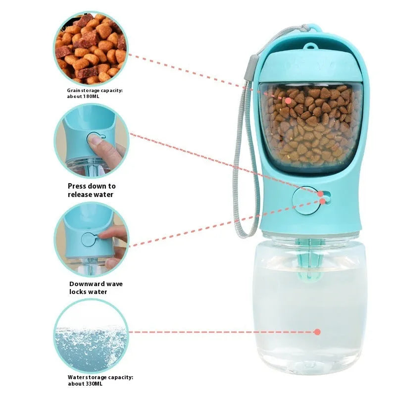 Blue portable plastic dog drinking cup with dual-use design for walks.