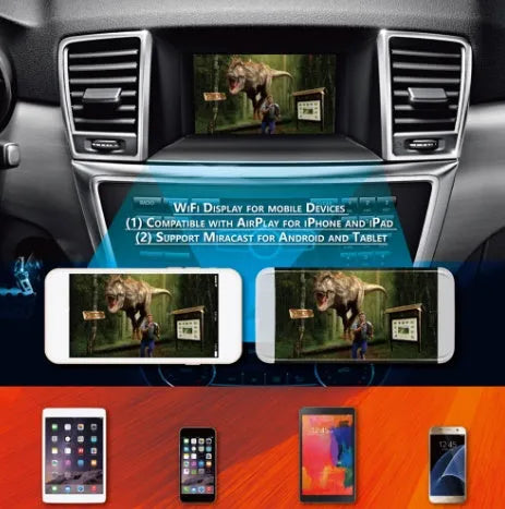 Black car mirror link box Wi-Fi converter with power cable, AV cable, antenna, and user manual for screen mirroring.