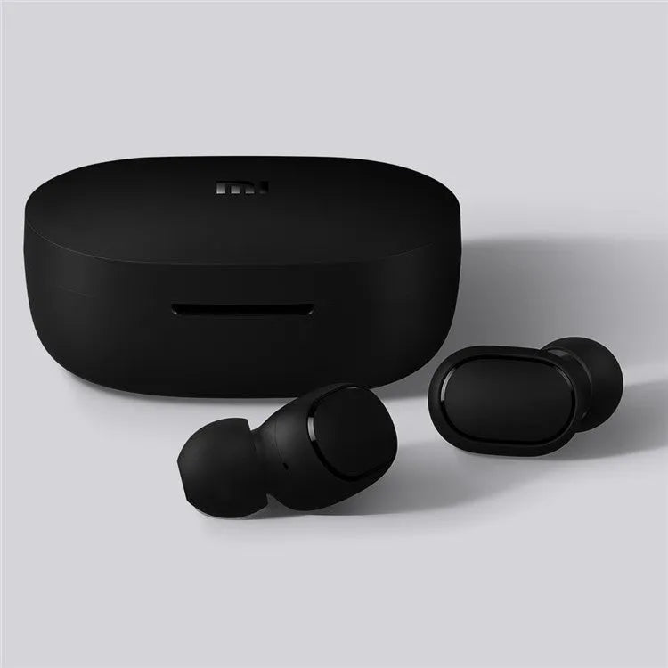 Redmi AirDots 2 black true wireless earbuds with charging case on a white background.