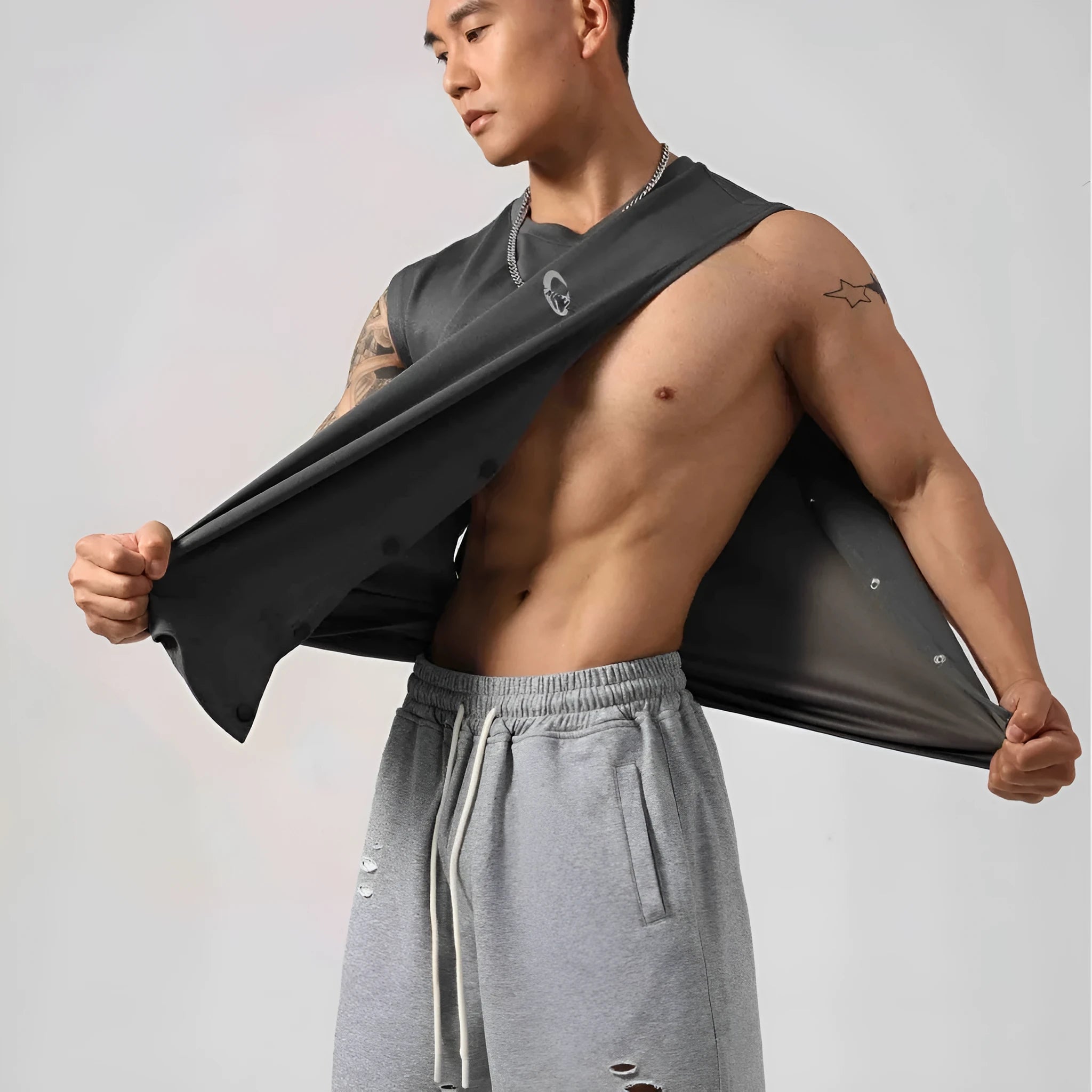 Men's Korean style loose cotton fitness vest with hidden hook fastening on sides