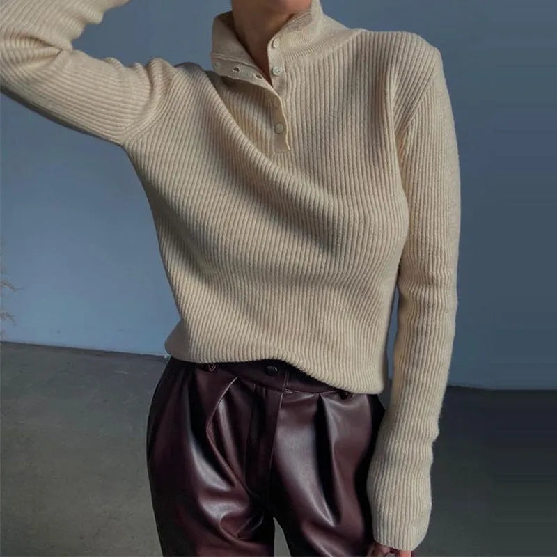 Women's silver grey retro half turtleneck pullover sweater with a single-breasted placket in a slim fit.