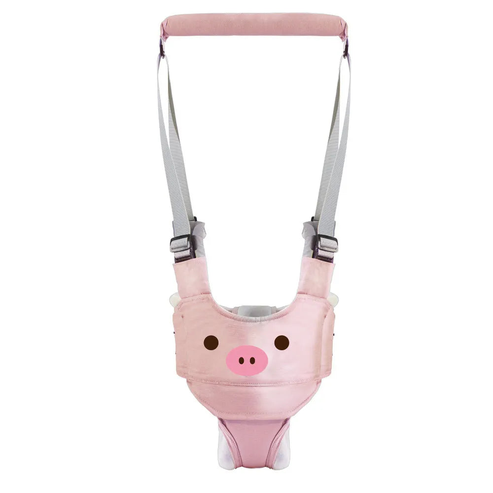 Blue cotton baby walking harness belt with straps, shown being used to support a toddler learning to walk.