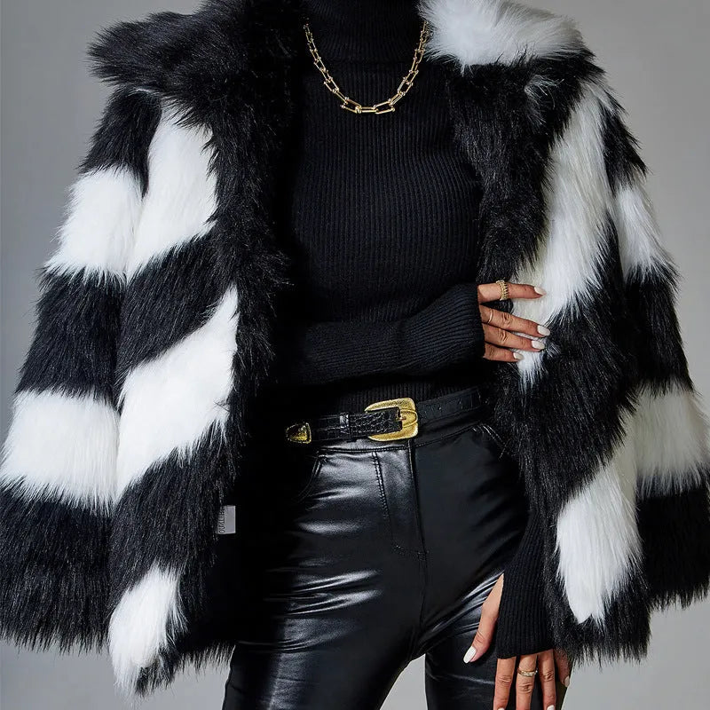 Women's faux fur coat with contrast lapel trim and detachable fur collar in picture colour
