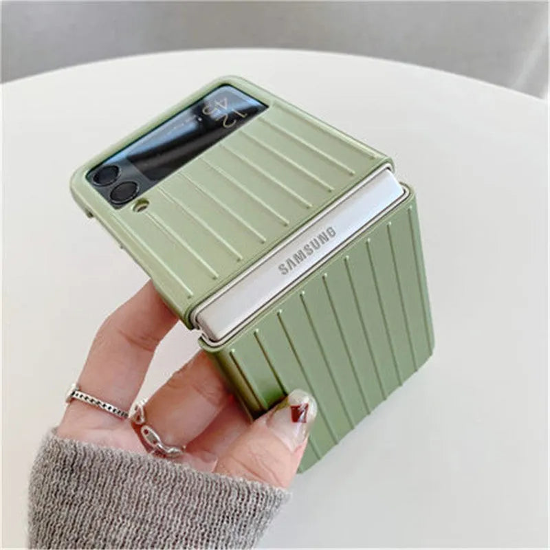 Samsung Z Flip3 flip phone case in PC material showing colour options: black, red, pink, silver, gold, sky blue, light green.