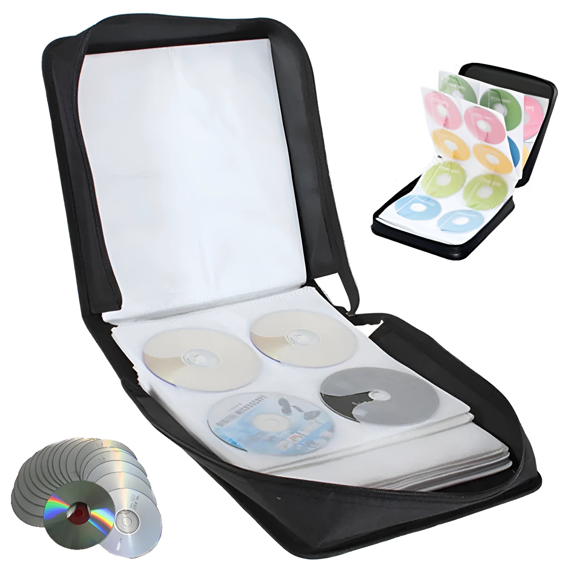 Black Oxford fabric CD storage binder case with a zipper and top hand strap.