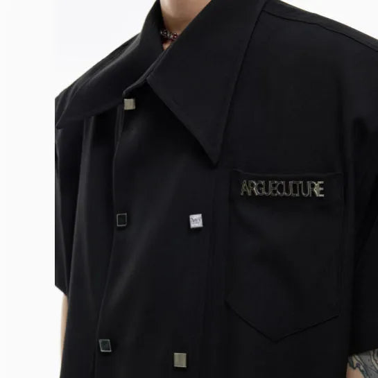 Men's loose fit short-sleeved casual shirt with lapel collar and splicing details in summer colours