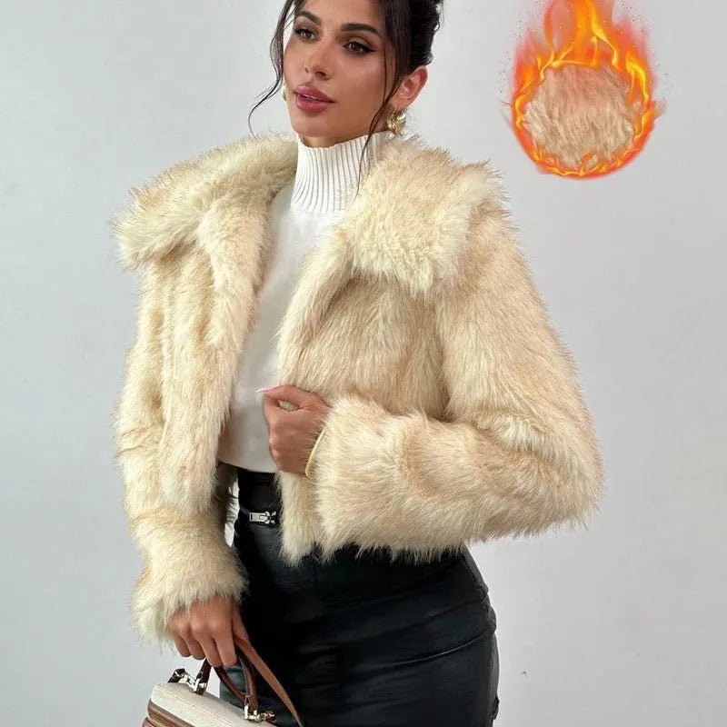 Women's artificial fur coat with fur collar in various colour options including black tip patterns