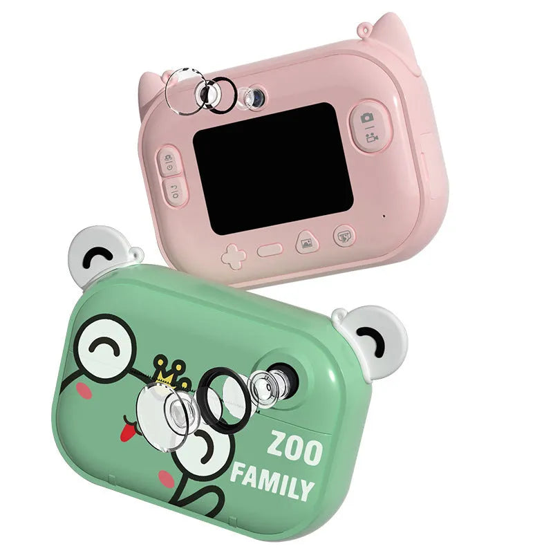 Blue, pink, and green coloured compact HD digital camera with 2.4-inch screen, shown with included memory card and accessories.