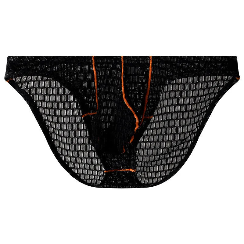 Men's low waist ice silk lace briefs in solid colours on a white background.