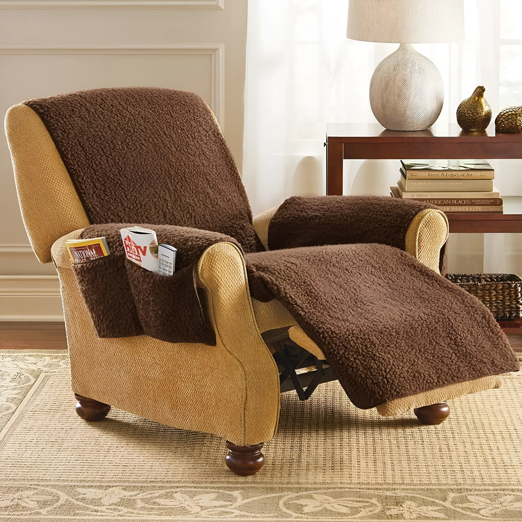 Lambswool textured sofa slipcover in beige draped over a living room sofa cushion.