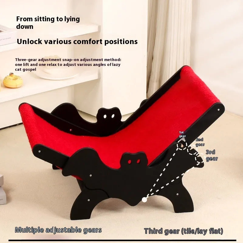 Black and red Halloween themed wooden cat recliner bed on elevated platform