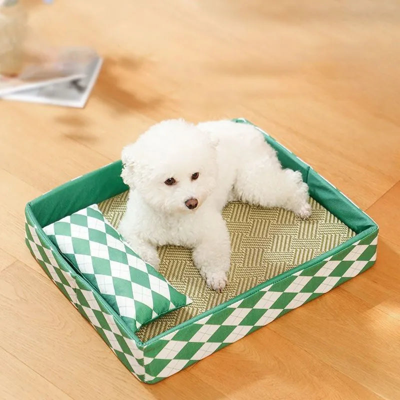 Natural rattan cat litter mat with anti-slip base, shown in blue, serving as a pet bed