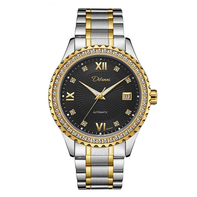 Automatic mechanical watch with luminous markers on black dial in gold case, side view showing 13mm thickness