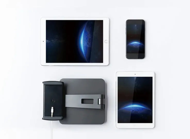Aluminium folding desktop phone and tablet holder with 360-degree rotation in silver colour