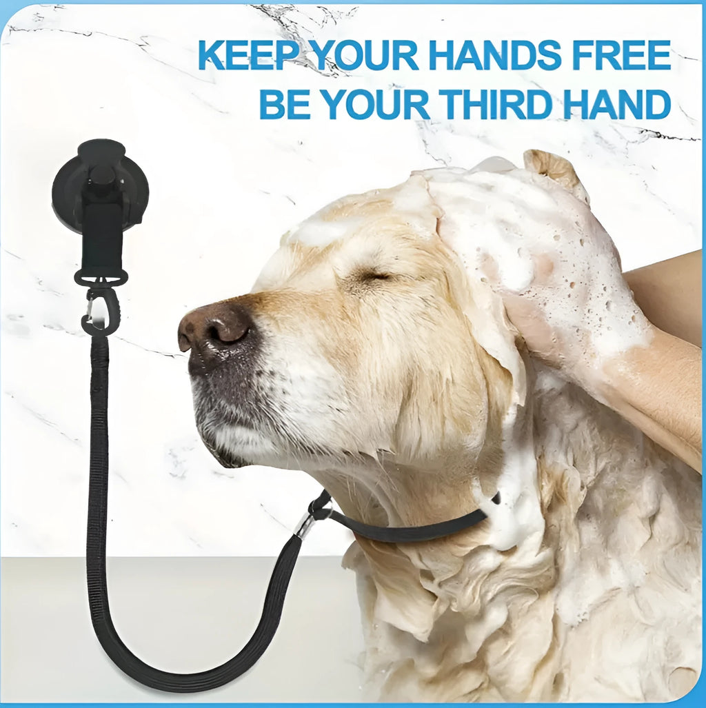 Pet bathing restraint set with suction cups, rope, and handcuffs in blue colour