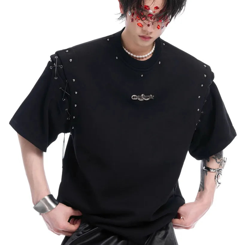 Black deconstructed lace-up cutout short sleeve t-shirt on a hanger