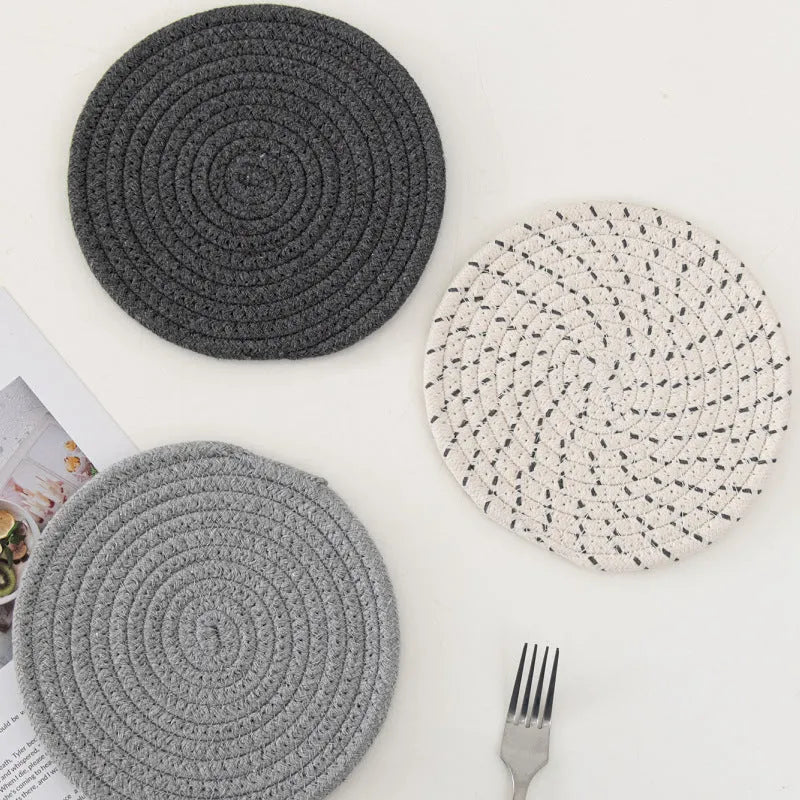 Three round cotton cord coasters in modern simplicity style with 18cm diameter