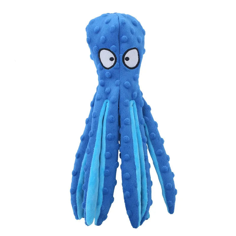 Blue octopus plush dog squeaky toy with no stuffing on a white background.