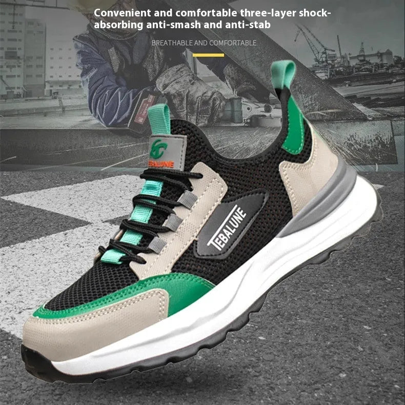 Low-top black green safety overshoe with plastic steel toe cap, showing microfiber leather and flyknit mesh upper construction.