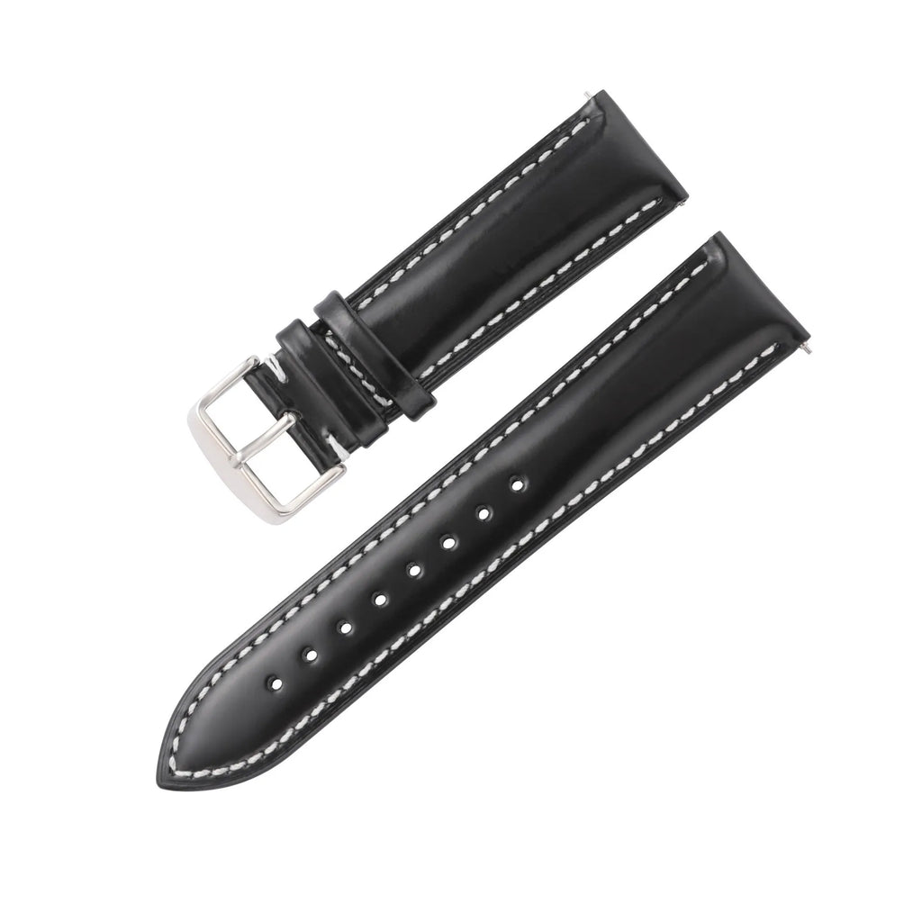 Quick release leather watch strap in cowhide with bright finish showing colour options and width sizes