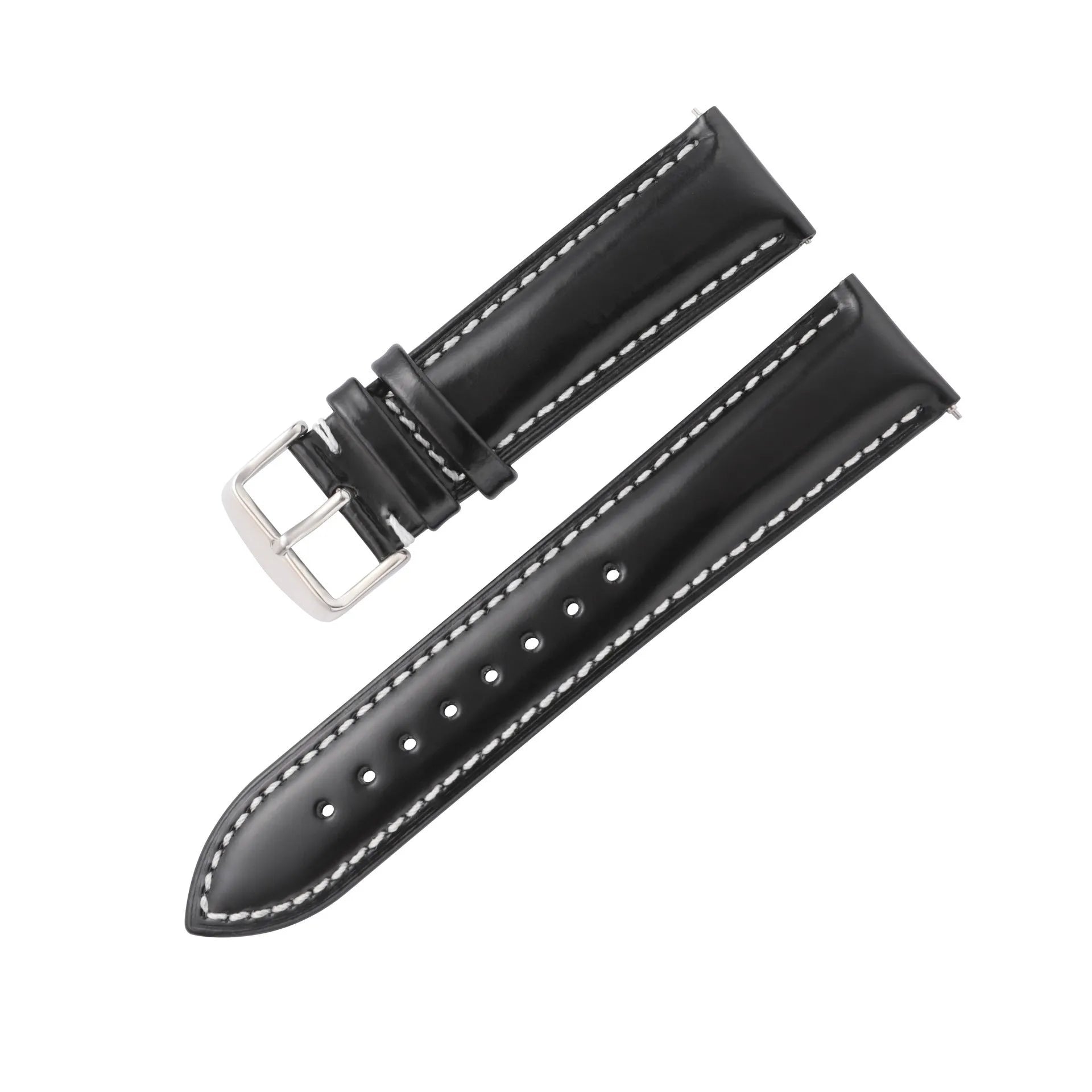 Quick release leather watch strap in cowhide with bright finish showing colour options and width sizes