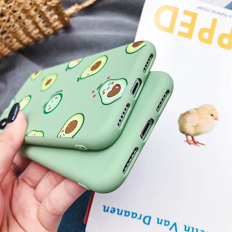 Green avocado cartoon printed flexible TPU back cover case for Apple iPhone mobile phones.