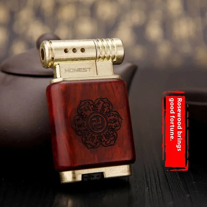 Ebony gas lighter in black wood and rosewood decorative designs for collection