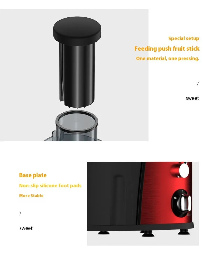 Red multifunctional home juice extractor with stainless steel liner and body, 400ml capacity, 201-500W power.