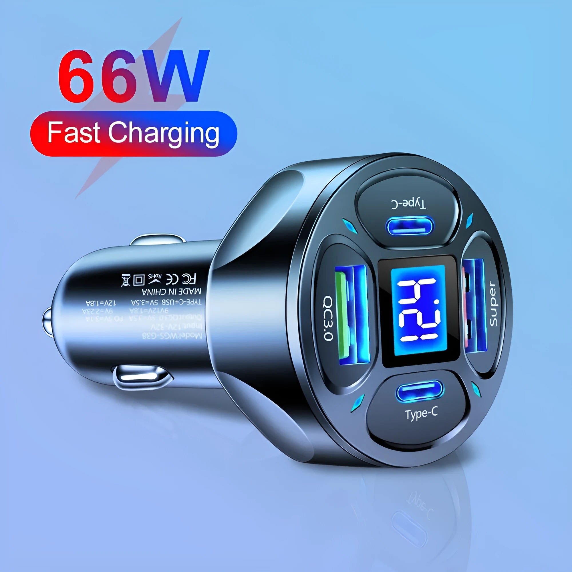 Black digital display car charger with two USB ports and two Type-C ports