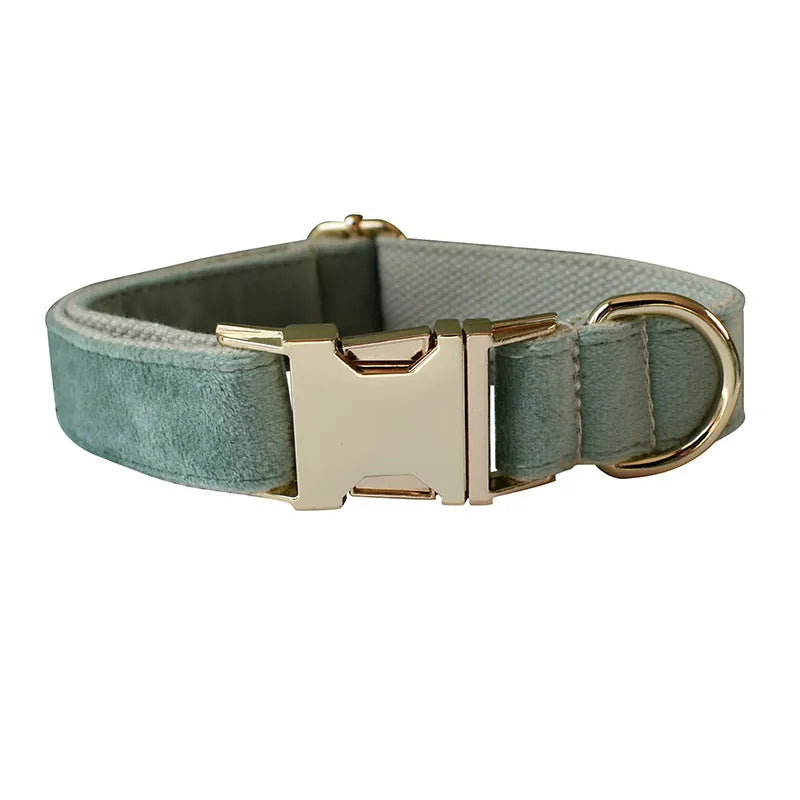 Mint green velvet dog collar and leash set with bow tie, sizes S to XL, leisure style for dogs