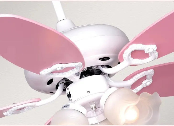 White 42 inch children's ceiling fan light with wooden blades, glass E27 lamp shade, and remote control