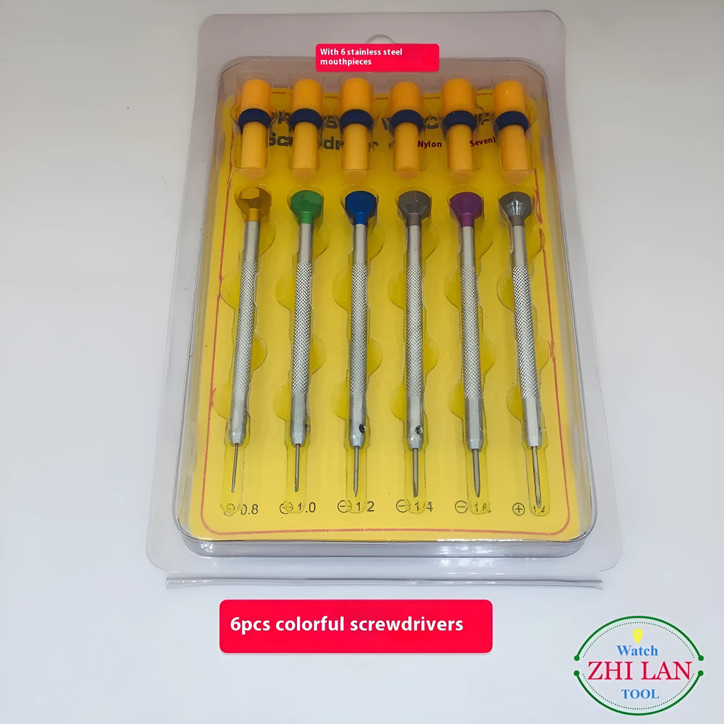 Six colour-coded watch repair screwdrivers with aluminium handles and magnetic steel tips on a grey background.