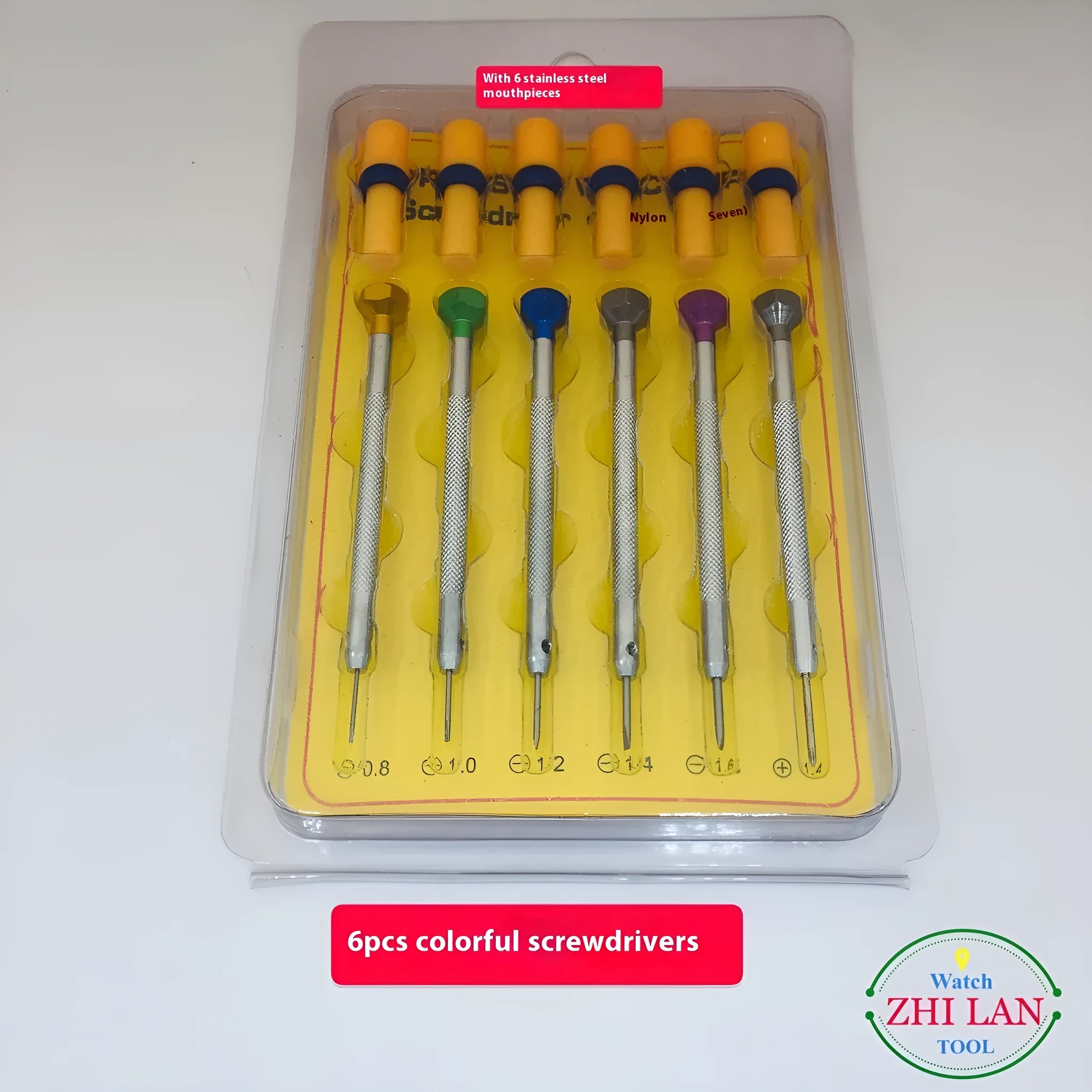Six colour-coded watch repair screwdrivers with aluminium handles and magnetic steel tips on a grey background.